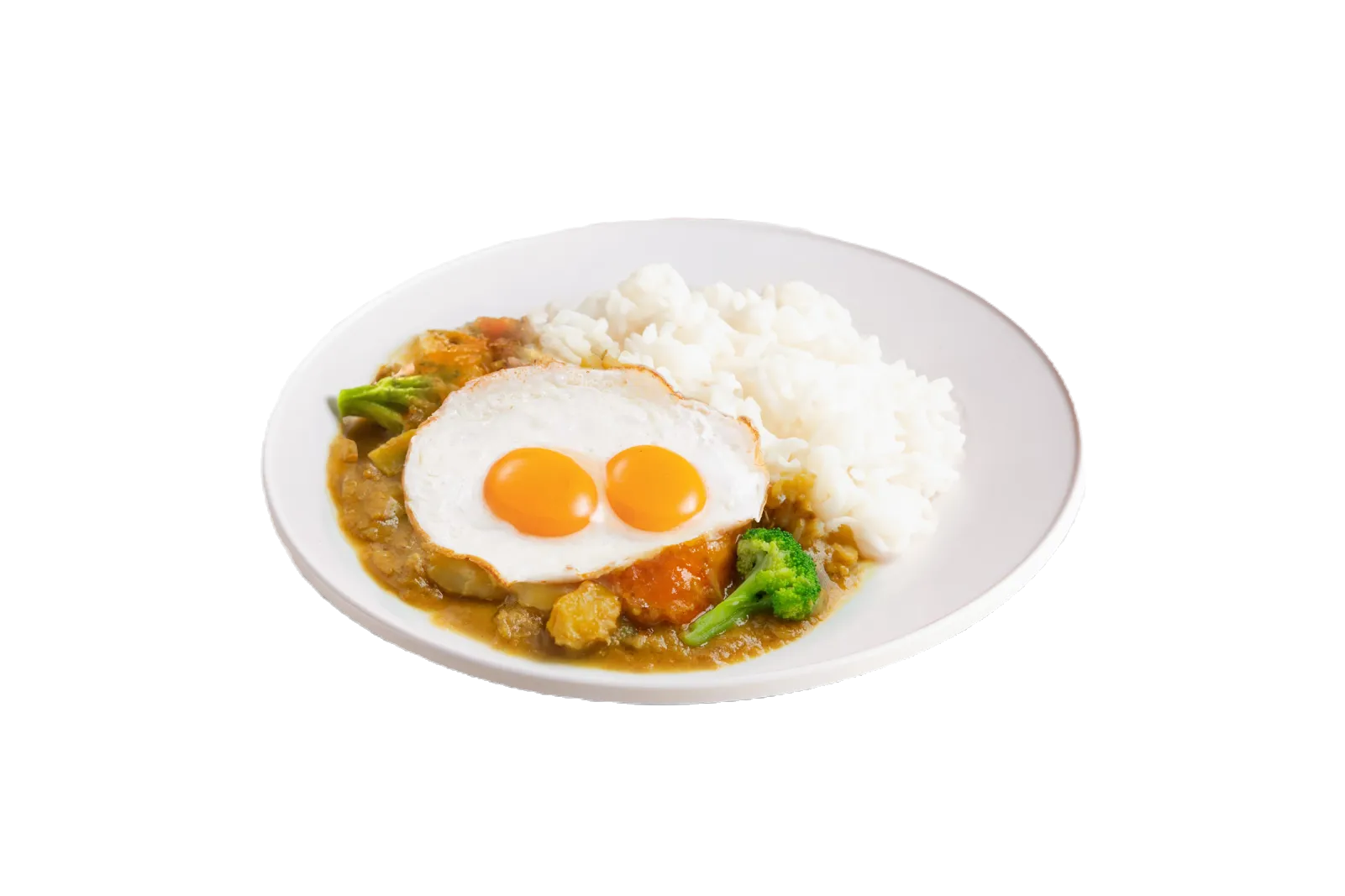 咖喱雜菜雙蛋飯. Curry mixed vegetables with two eggs