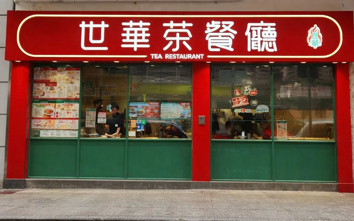 世華茶餐廳灣仔譚臣道店面,紅色招牌,下面係綠色瓷磚
